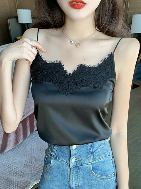Camisoles Tanks Lace Strap Silk Top Women Sexy Halter V Neck Sleeveless Crop Top Satin Tank Tops Women Underwear Camisole 230413