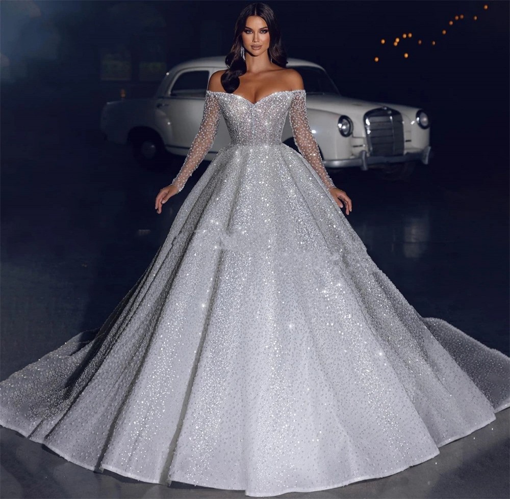 2025 Arabia Glitter Princess Wedding Dress Off Shoulder Sparkly Long Sleeves Bridal Gowns A-Line Dubai Pageant Bride Dresses Vestidos De Novia