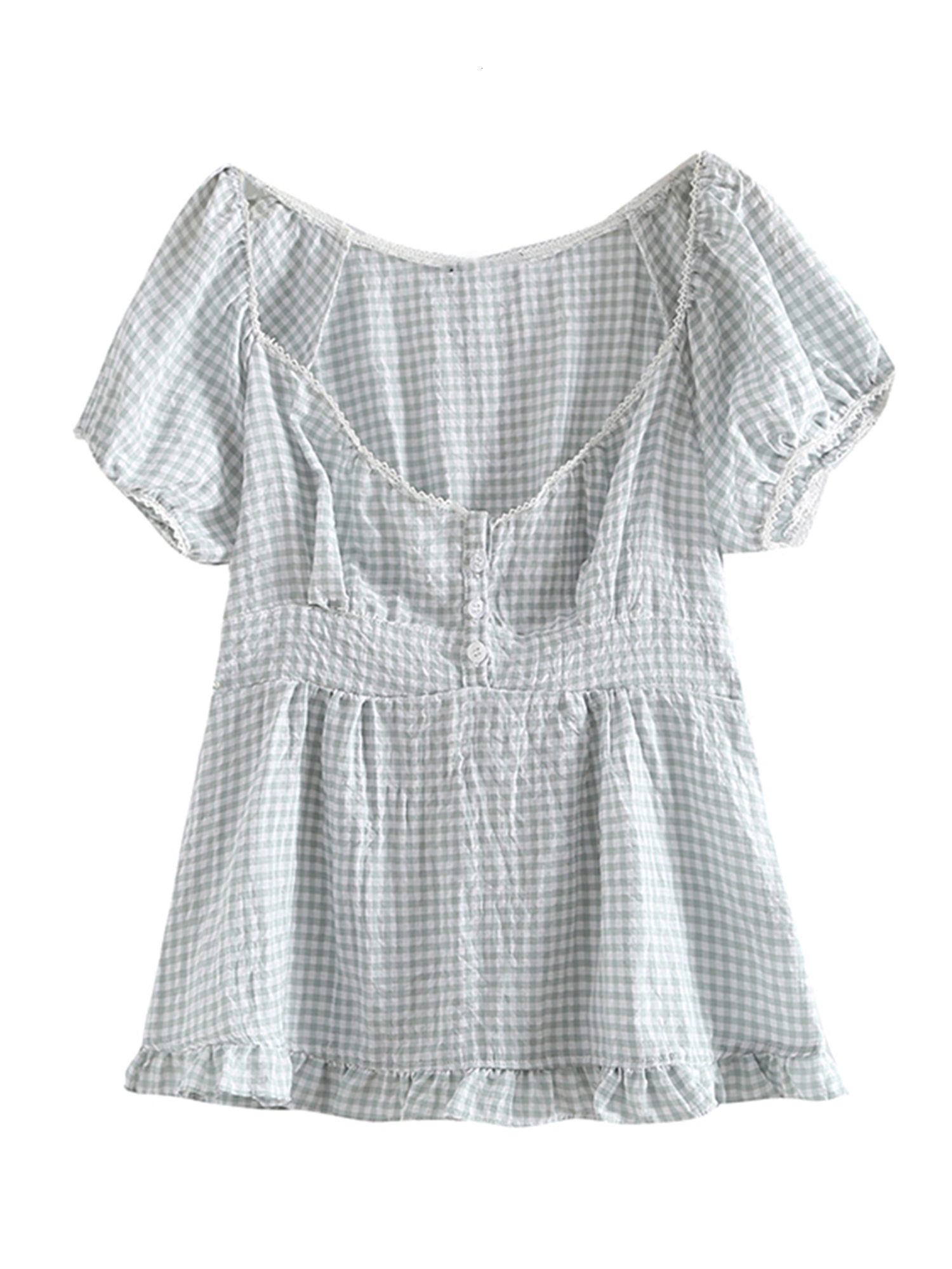 Women s T Shirt Summer Short sleeved T shirt Solid Color Check Low necked Pleated Hem Casual Tops 230407