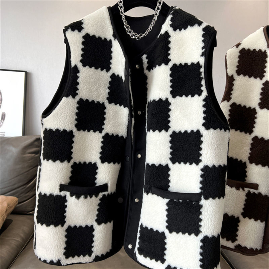 Women's Vests Women's Tank Top Casaco Teddy Sleeveless Jacket Korean Coat Autumn Winter Coat aLarge 4XL Black and White Plaid Artificial She