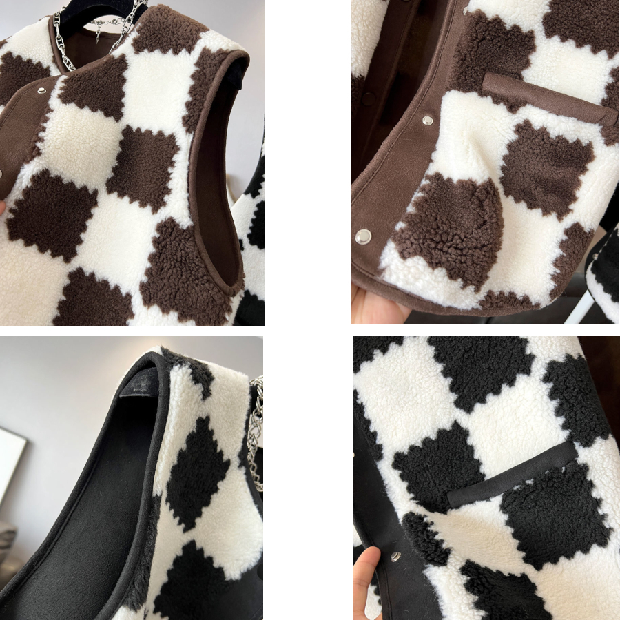 Women's Vests Women's Tank Top Casaco Teddy Sleeveless Jacket Korean Coat Autumn Winter Coat aLarge 4XL Black and White Plaid Artificial She