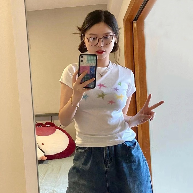 Women s T Shirt Karrram Japanese Kawaii T shirt 00s Harajuku White Tee Shirt Fairycore Y2k Tops Cute Star Print Short Sleeve Tshirt E girl 2000s 23040