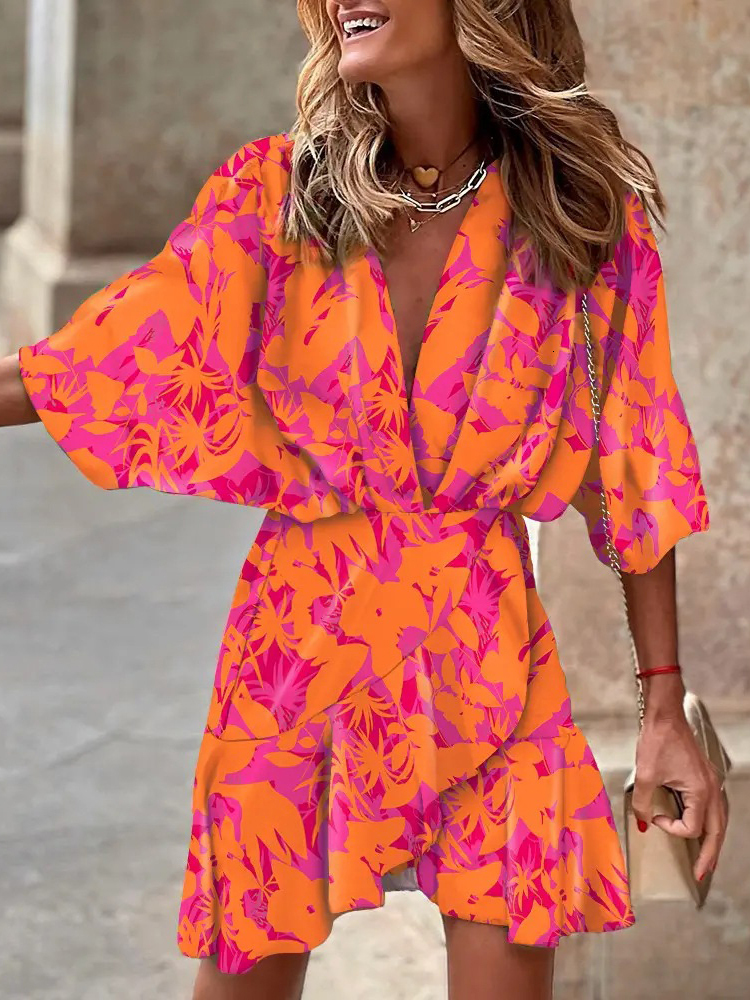 Women's Casual Bohemian Mini V-Neck Bat Sleeve Ruffled Sun Dress For Vacation, Jersey Print A-E Dress, Spring Fashion