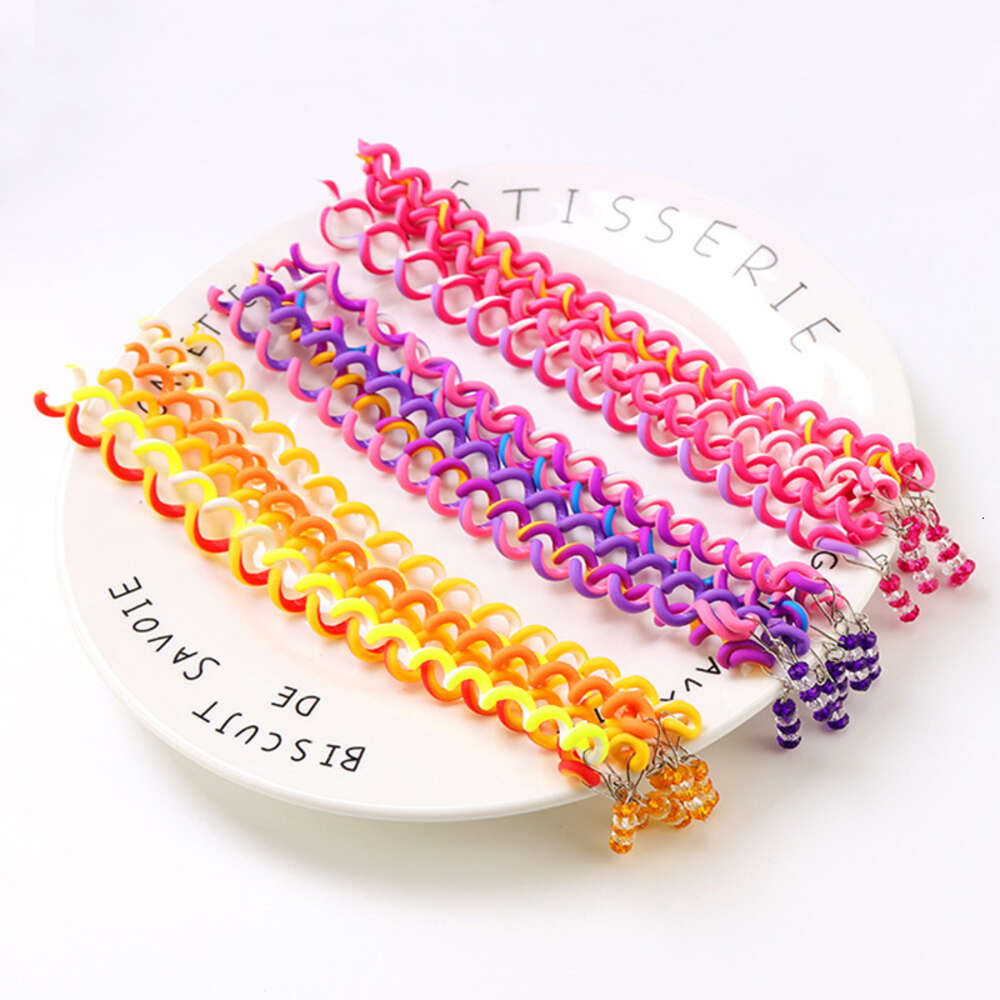 6PCS/Set Colorful Crystal Long Spiral Headbands Curly Hair Colored Phone Cord Baby Girl With Braids Ornament Hairband Wholesale