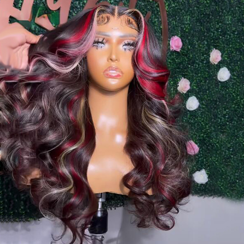Free shipping Brazilian Hair Highlight Wig Ombre Red Blonde Body Wave Front For Women Pre Plucked Synthetic Lace Frontal Wigs