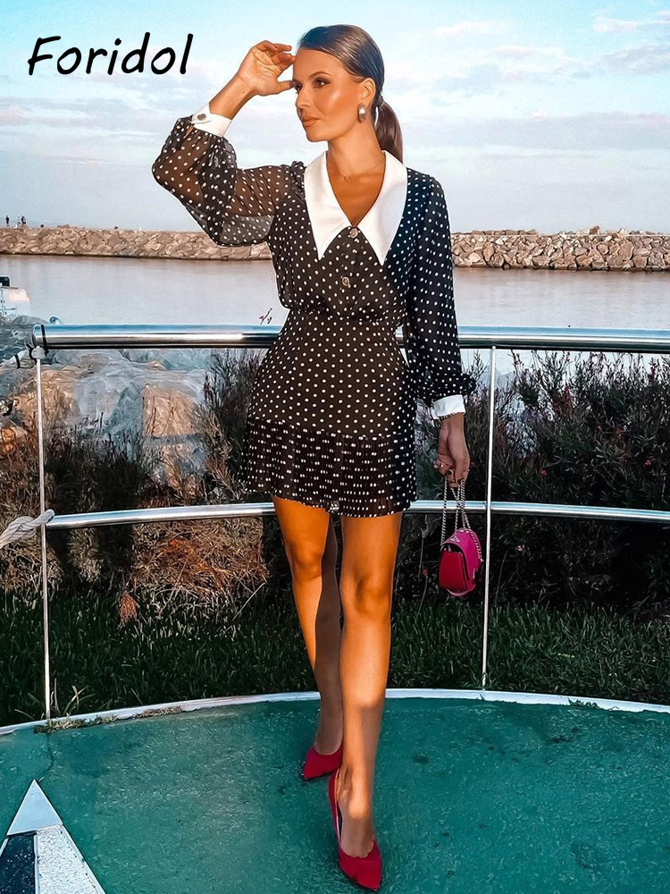 Casual Dresses Foridol Peter Pan Collar Polka Dot Vintage Chiffon Autumn Summer Dress Black Women Vestido Spring Retro Office Casual Dress 230424