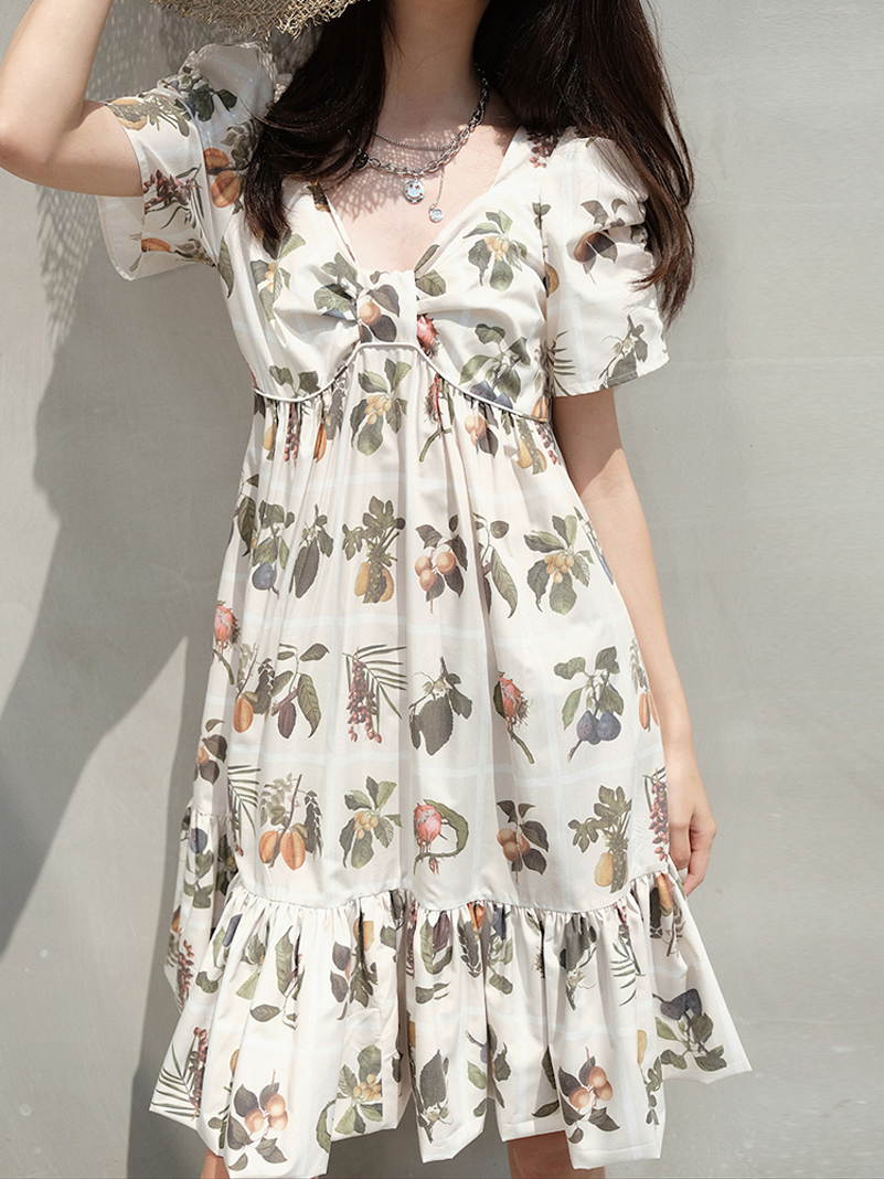 Casual Dresses Summer Women's Printed Dress Japanese and Korean Academy Style V-neck Bubble Sleep Fashion Long Dress A2167# 230408