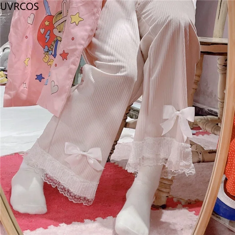Y2k Lolita Cute High Waist Corduroy Straight Wide Leg Pants Young Women Casual Kawaii Sweet Bow Lace Relaxed Pants Girly Clothes Loose Trouser