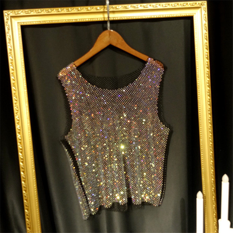 Camisoles Tanks Women's and Men's Crystal Colorful Shining Sexy Y2K High Quality Party Club Sexy Look Through Mesh Hollow Diamond 230408