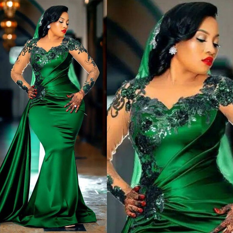 Dark Green Mermaid Dresses Long Sleeves Elastic Satin Tulle Appliqued Evening Gowns Sexy Ruched Lace Formal Dress Sequined Beaded Party
