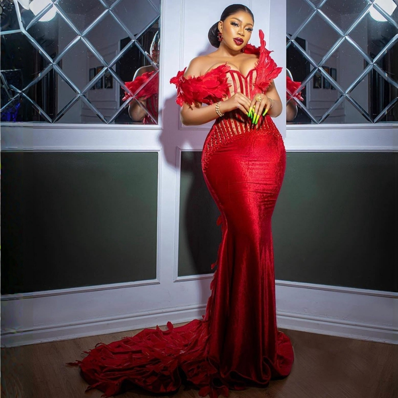 Red Plus Size Aso Ebi Feather Prom Dresses urious Corset Evening Dress Beaded Second Reception Robe de Gala Gowns Party Gown Arabic Mermaid reception 