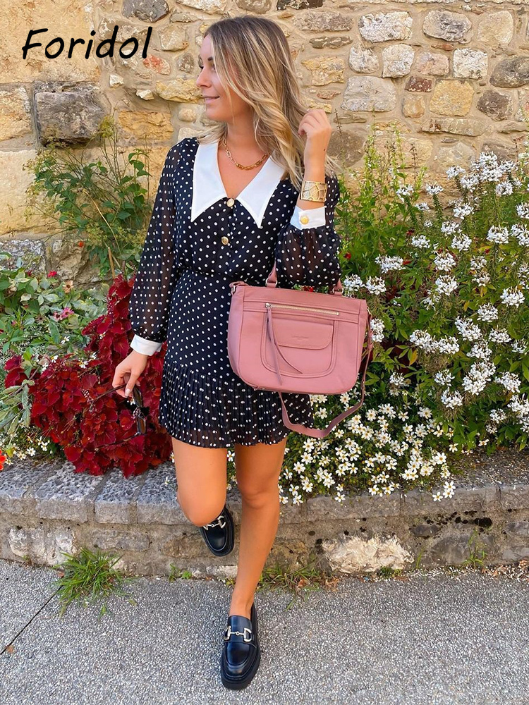 Casual Dresses Foridol Peter Pan Collar Polka Dot Vintage Chiffon Autumn Summer Dress Black Women Vestido Spring Retro Office Casual Dress 230424