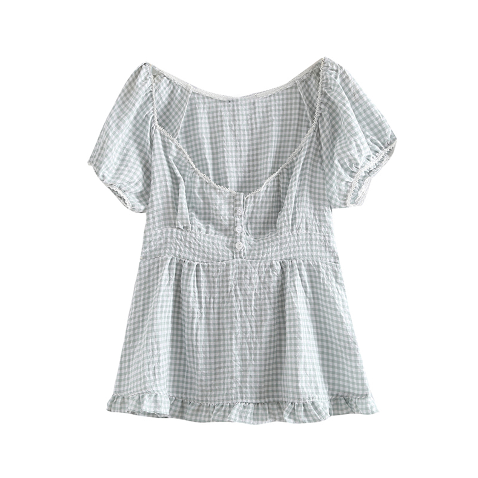 Women s T Shirt Summer Short sleeved T shirt Solid Color Check Low necked Pleated Hem Casual Tops 230407