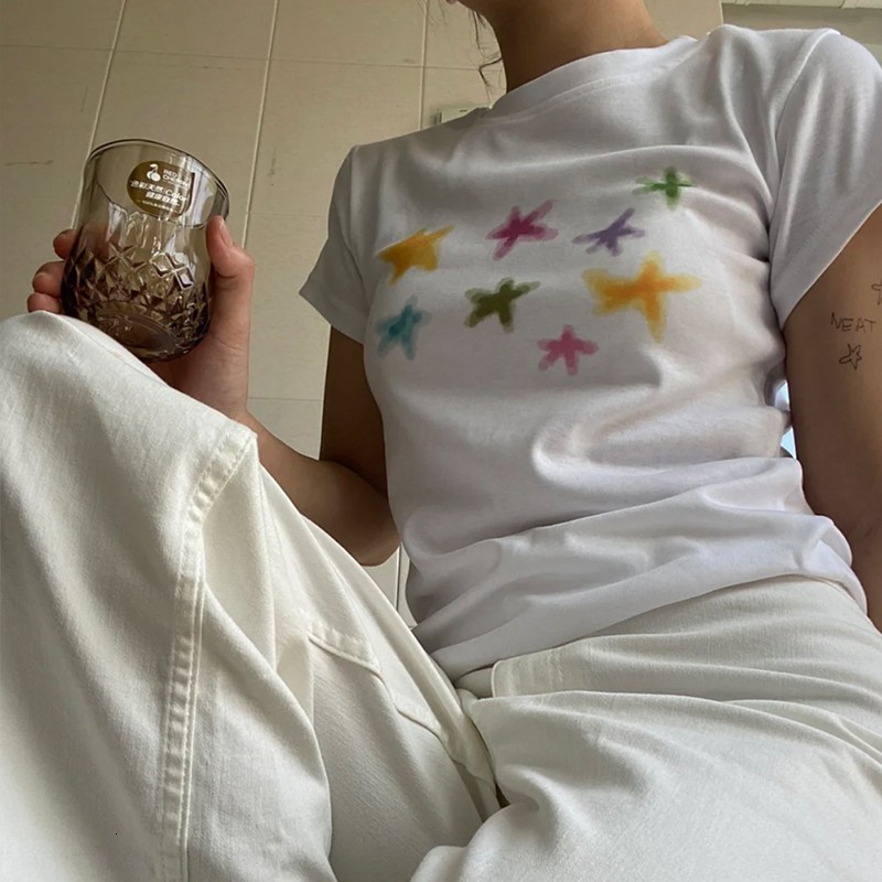 Women s T Shirt Karrram Japanese Kawaii T shirt 00s Harajuku White Tee Shirt Fairycore Y2k Tops Cute Star Print Short Sleeve Tshirt E girl 2000s 23040