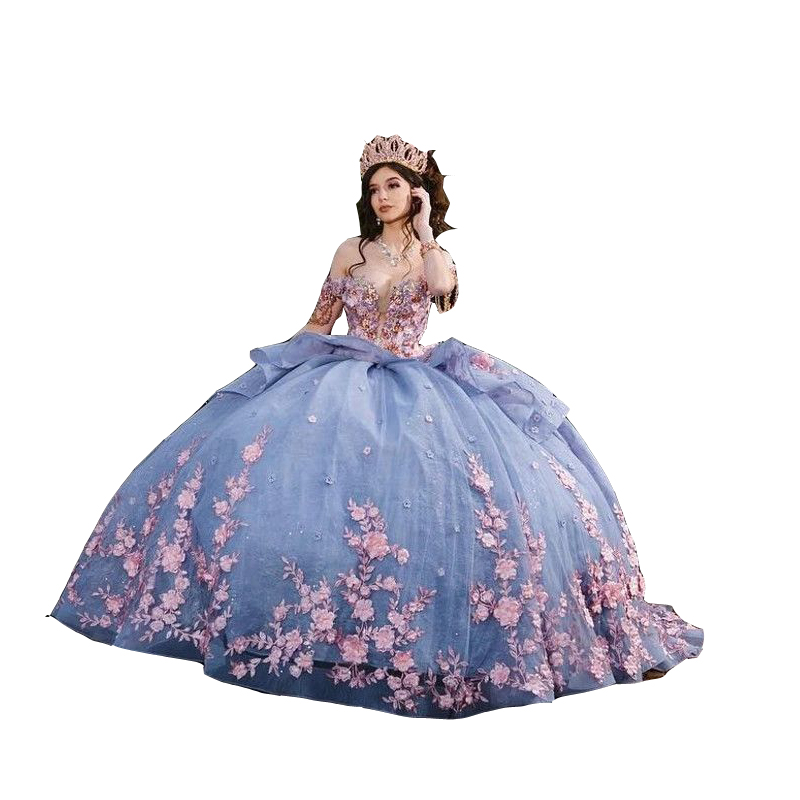 Sky Dresses Quinceanera Blue Off Shoulder Long Sleeves Pink Lace Applique Crystal Beads Wers Tiered Sweet Dress Vestidos De Prom Party Gowns