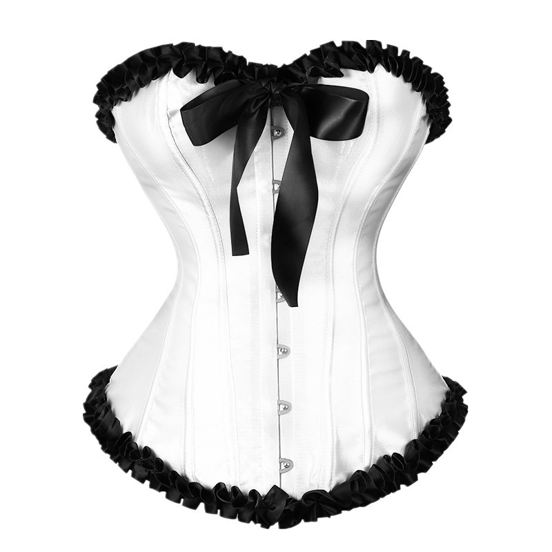 Women Ruffle Trim Satin Overbust Corset with Self-tie Bow XS-3XL Fashion Showgirl Clubwear Shaper Multi-colors Christmas Outfit