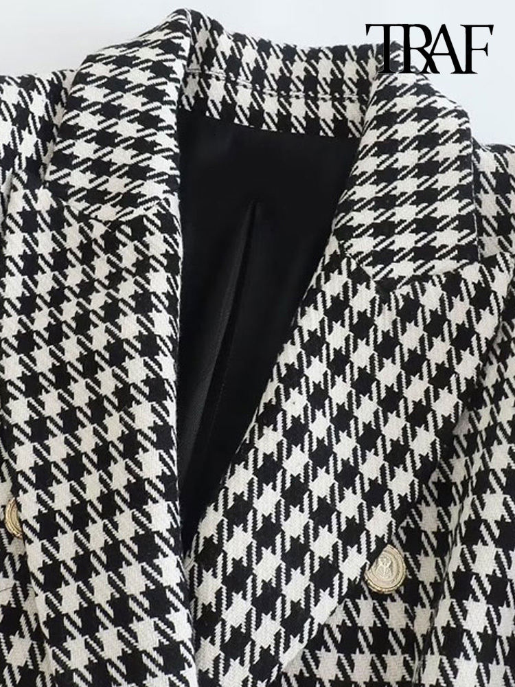 Women s Suits Blazers TRAF Women Fashion Double Breasted Houndstooth Blazer Coat Vintage Long Sleeve Flap Pockets Female Outerwear Chic Vestes 230407