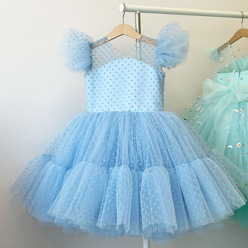 Girl's Dresses 4-10T Girl Princess Dress Kids Short Sleeve Dot Birthday Tulle Tutu Gown Evening Party Costume Toddler Casual Clothes 230413
