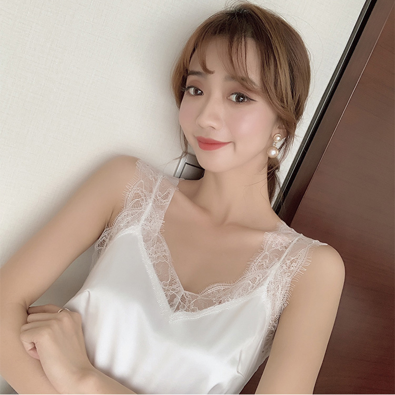 Camisoles Tanks Women's Satin Summer Tops For Women V Neck Basic Sleeveless Lace Tank Tops Women Summer Female Silk Top White 230413