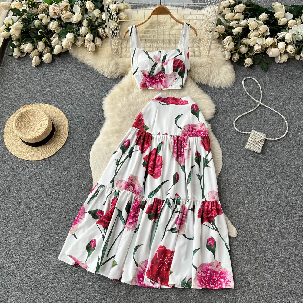 Two Piece Dress Summer Runway Sicily Floral Matching Outfits Womens Short Spaghetti Strap Crop Top Long Maxi Vacation Skirt 2 Piece Set 2023