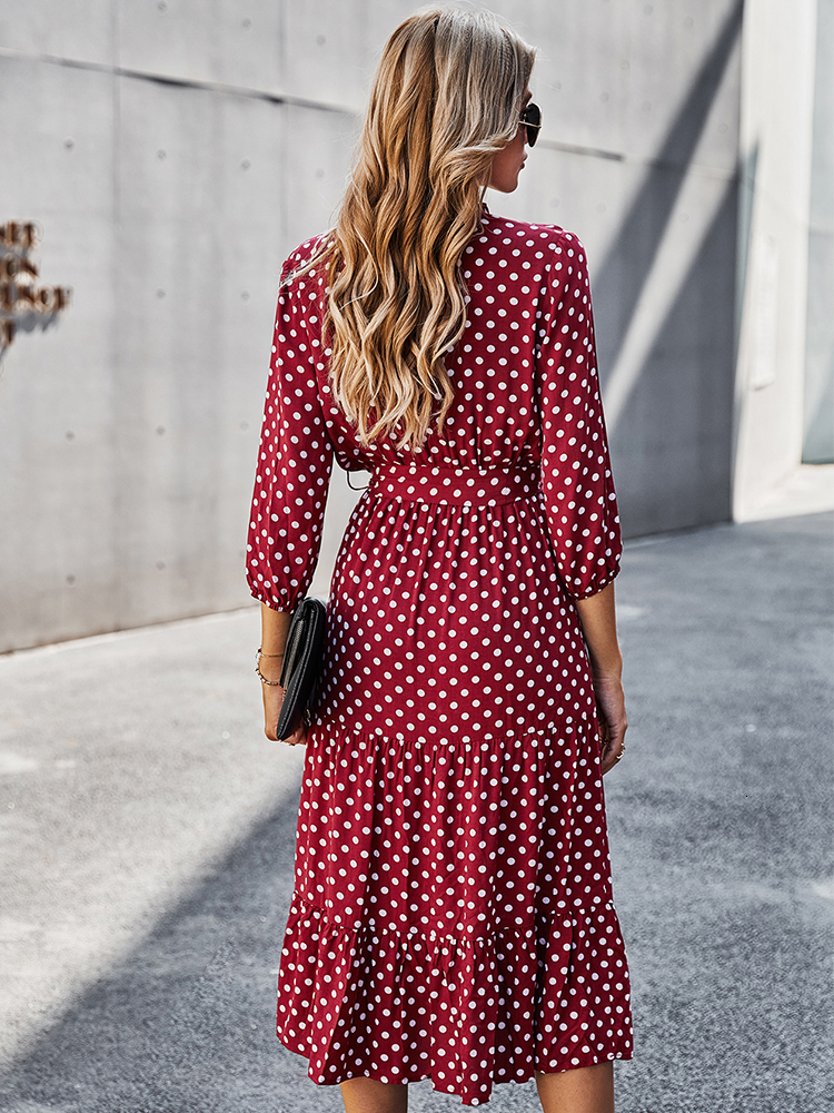 Casual Dresses Msfilia Autumn Dot Bandage Dress Women's Ruffled V-neck High Waist Ultra Thin Printed Long Dress Fashion 230408