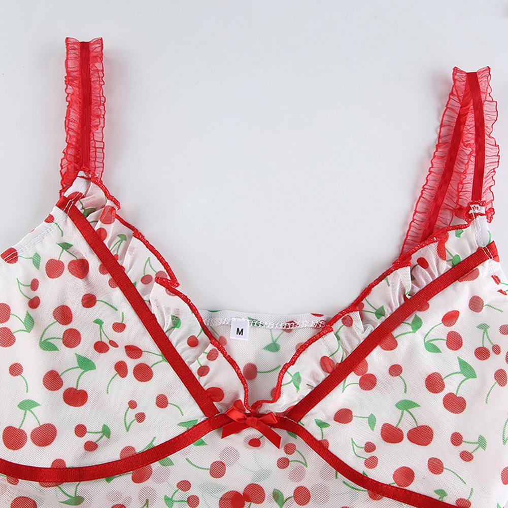 Women s T Shirt Cherry Printed Ruched y2k Cute Cropped Top Summer Bow Sleeveless Aesthetic Top Tee Sexy Skinny 90s Camisole 230407