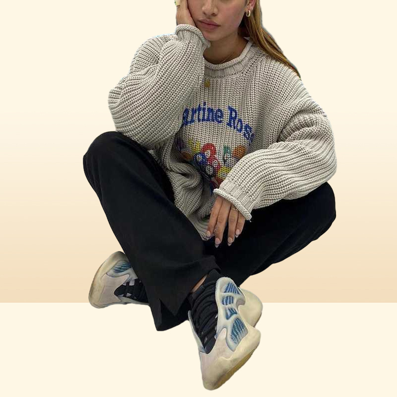 Men039s Sweaters Off shoulder Martine rose thick needle crimped knit Pullover OS style billiard printed sweater