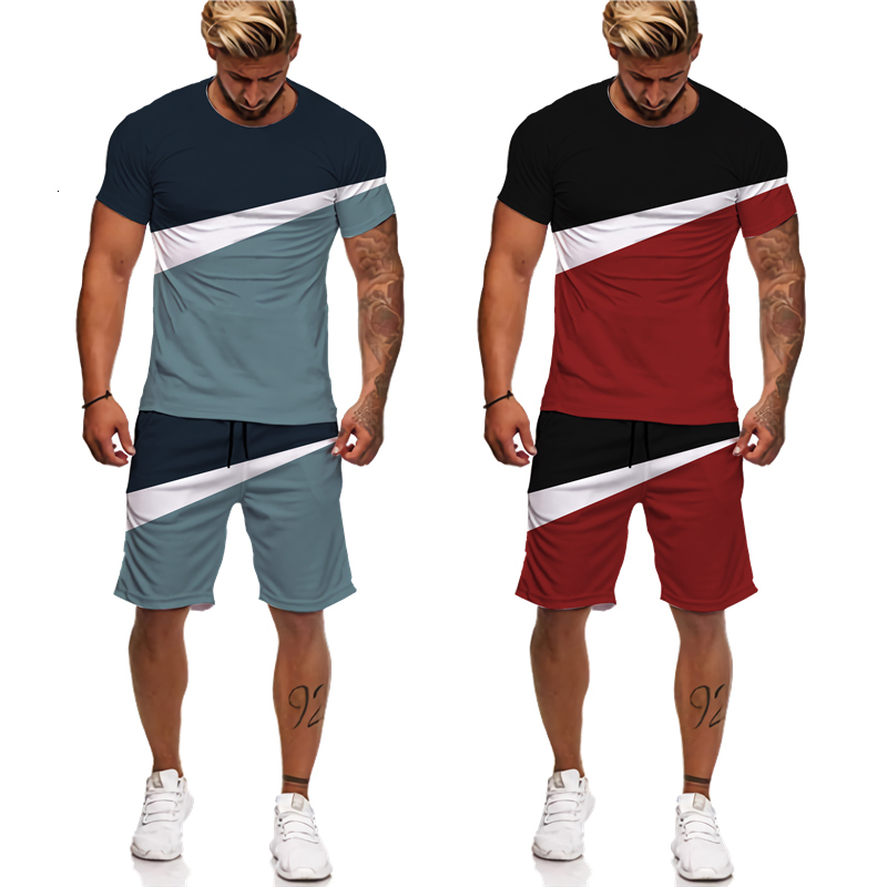 Men's Tracksuits Summer Print Patch Work Casual Men's T-shirt/Shorts/Set Short Sleeve T-shirt Couple Sports Shirt Two Piece Set Casual Athle