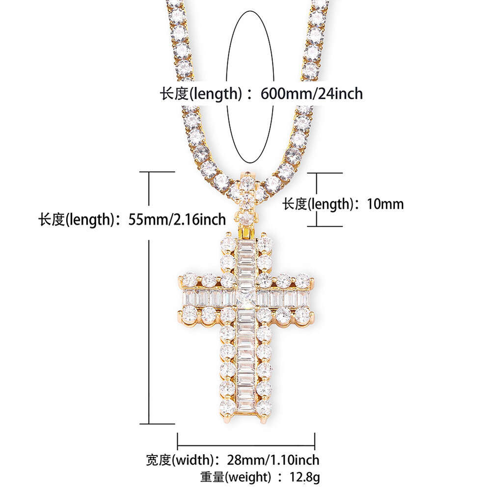 Ins Cross Pendant Square Round Zircon Double Cross Necklace Baguette Cubic Zirconia Icecd Out 18k Gold Hip Hop Punk Jewelry Bling Gemstone Rapper Jewe