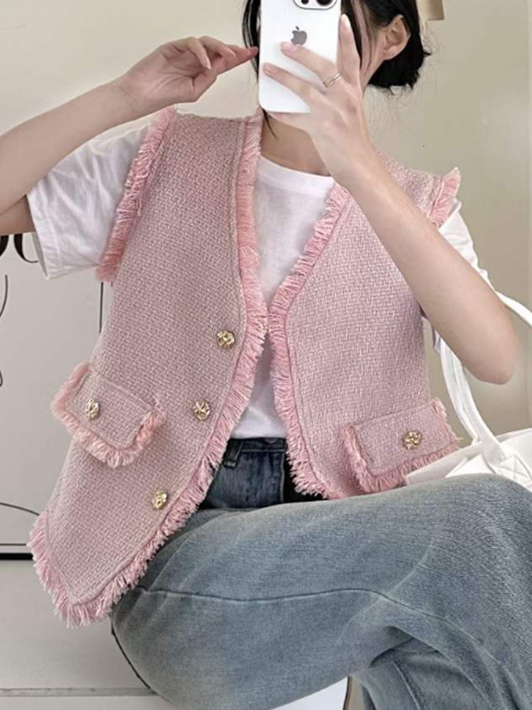 Women's Vests HMA vintage tweed tassel sleeveless coat women's single chest V-neck vest sweet loose jacket casual classic vest 230408