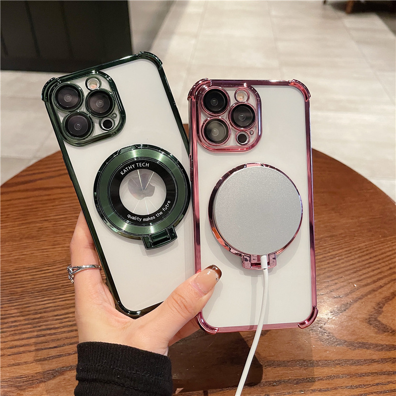 Four Corner Clear Hard Arcylic Soft TPU Bumper Ring Stand Magnetic For Magsafe Wireless Charging Case With Lens Film Cover For iPhone 17 Air 16 15 14 