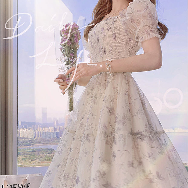 Casual Dresses Leisure Printed Party Dress Elegant Women's Dress Sweet Short Sleeve Chiffon Long Dress Summer Costume Vestidos 20044 230408