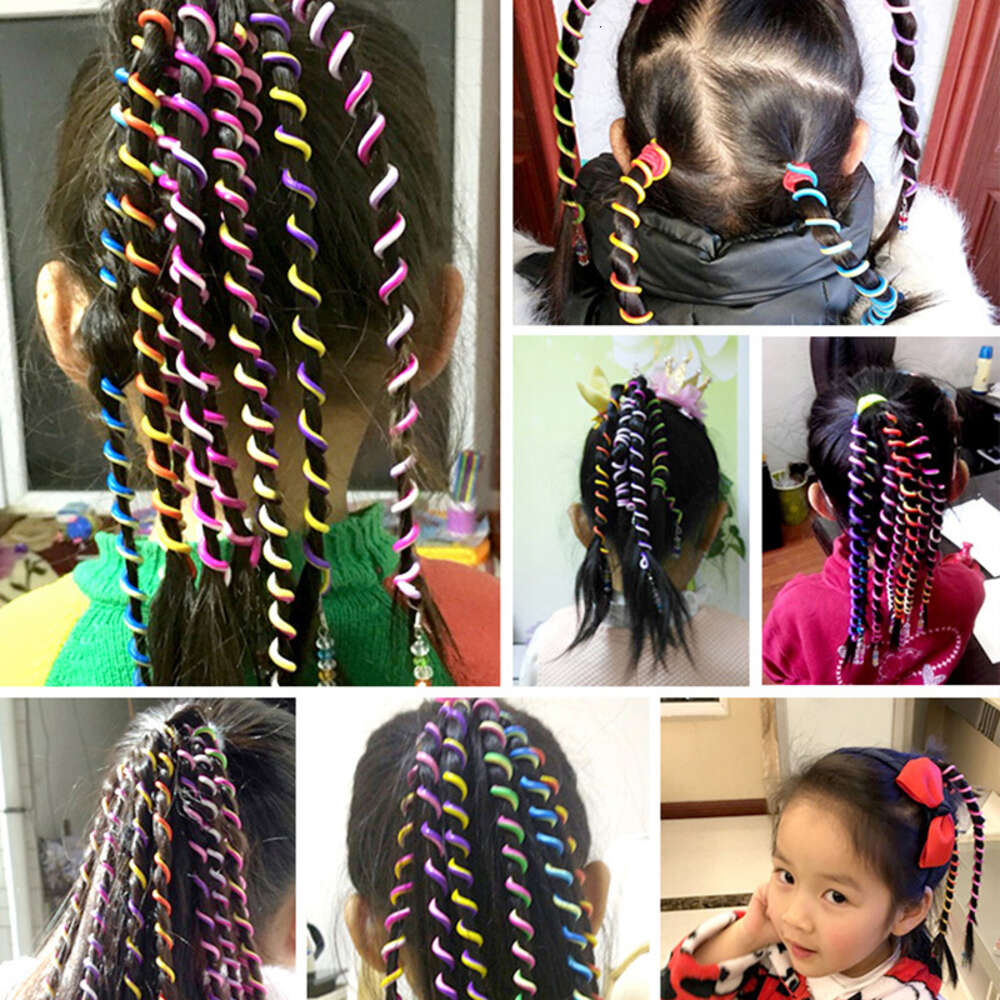 6PCS/Set Colorful Crystal Long Spiral Headbands Curly Hair Colored Phone Cord Baby Girl With Braids Ornament Hairband Wholesale