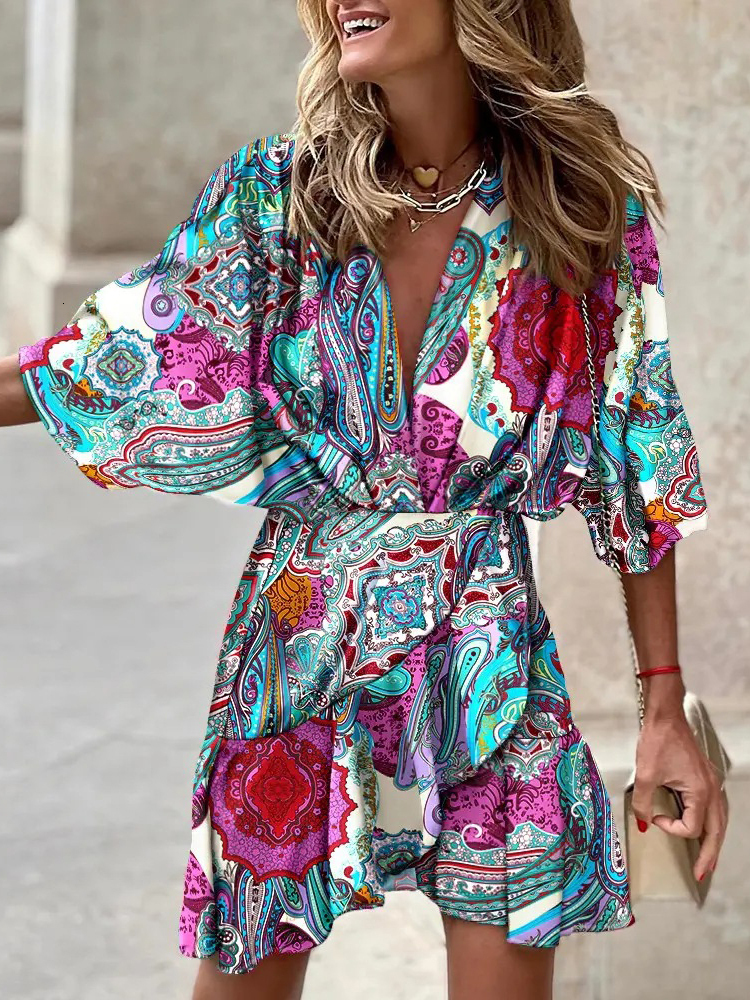 Women's Casual Bohemian Mini V-Neck Bat Sleeve Ruffled Sun Dress For Vacation, Jersey Print A-E Dress, Spring Fashion