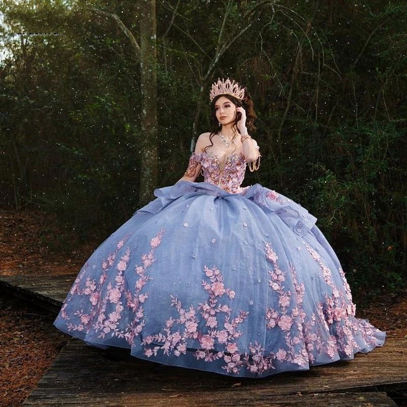 Sky Dresses Quinceanera Blue Off Shoulder Long Sleeves Pink Lace Applique Crystal Beads Wers Tiered Sweet Dress Vestidos De Prom Party Gowns