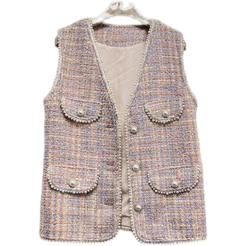 Women's Vests autumn all matching ultra-thin paperback vest tweed vest beaded vest women's single chest exterior 230408