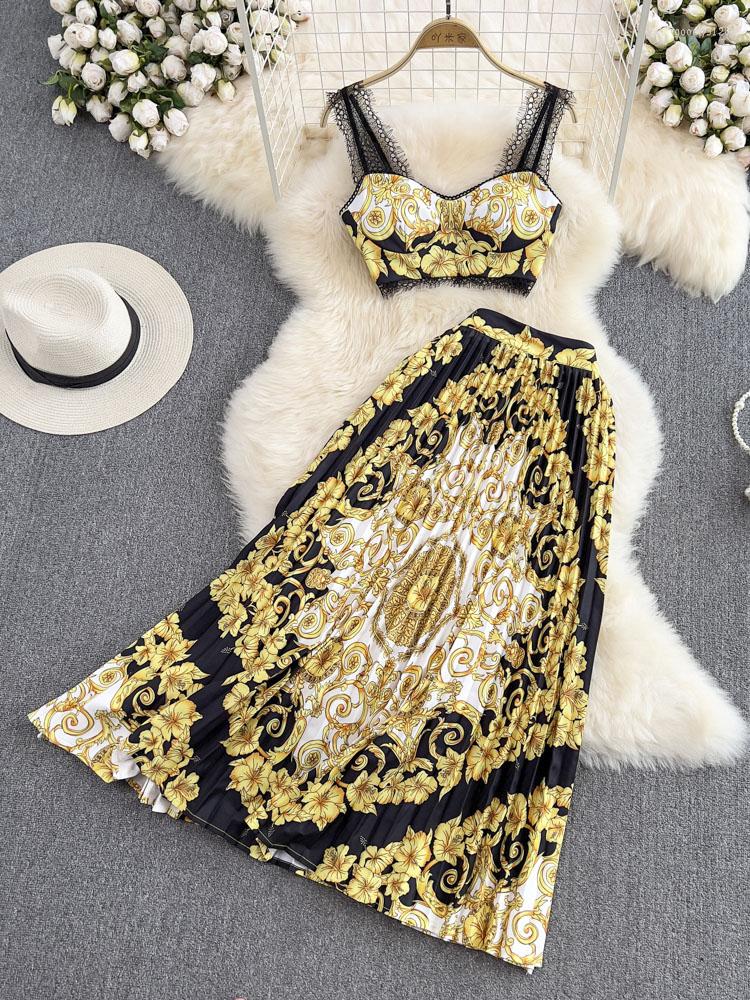 Work Dresses Gold 2023 Summer Fashion Designs Skirts Sets Women Outfits Indie Folk Print Sexy Two Pieces Lace Cropped Top Pleated Skirt Suit