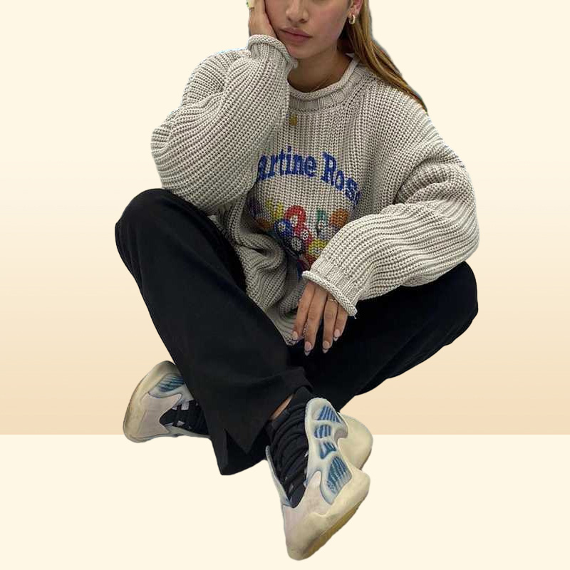 Men039s Sweaters Off shoulder Martine rose thick needle crimped knit Pullover OS style billiard printed sweater