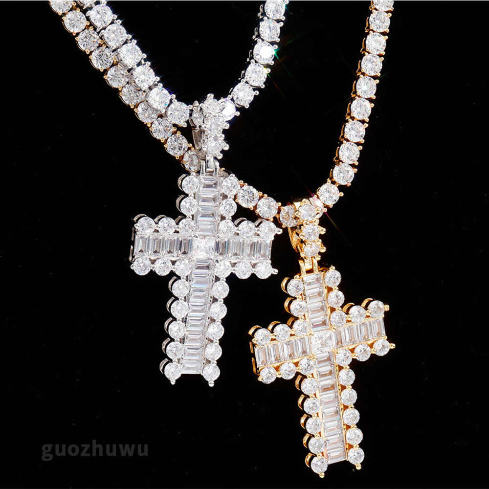 Ins Cross Pendant Square Round Zircon Double Cross Necklace Baguette Cubic Zirconia Icecd Out 18k Gold Hip Hop Punk Jewelry Bling Gemstone Rapper Jewe