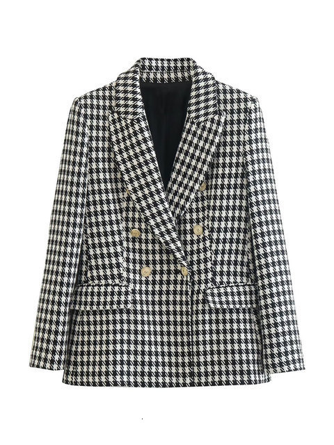 Women s Suits Blazers TRAF Women Fashion Double Breasted Houndstooth Blazer Coat Vintage Long Sleeve Flap Pockets Female Outerwear Chic Vestes 230407
