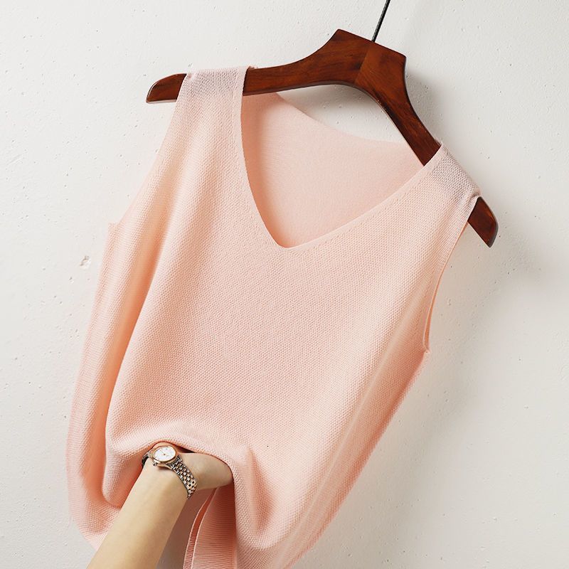 Camisoles Tanks Ice Silk Camisole Women Summer Intside V-Neck Sexy Thin Sleeveless Bottoming Vest Casual Loose Knitwear Solid Slit Tank Tops 230413
