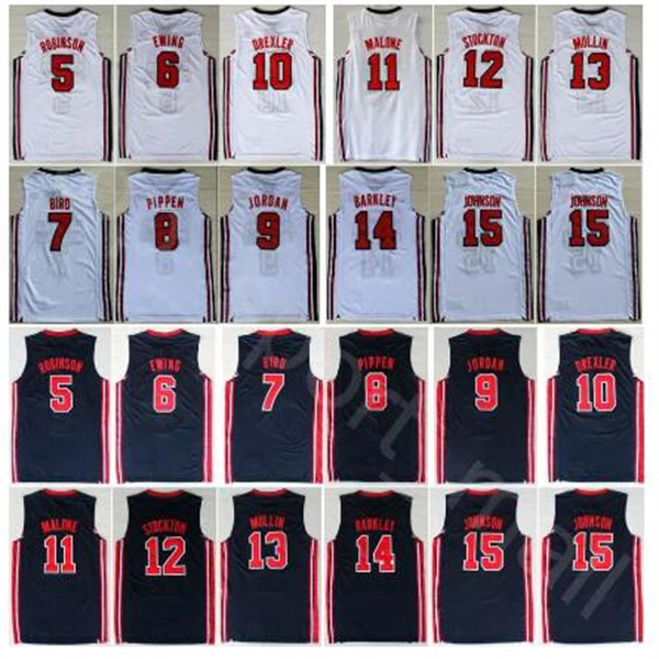 Men 1992 Dream Team One Jerseys Basketball Chris Mullin Johnson David Robinson Karl Malone Christian Laettner Barkley Bird Stitched Jerseys Navy Blue White
