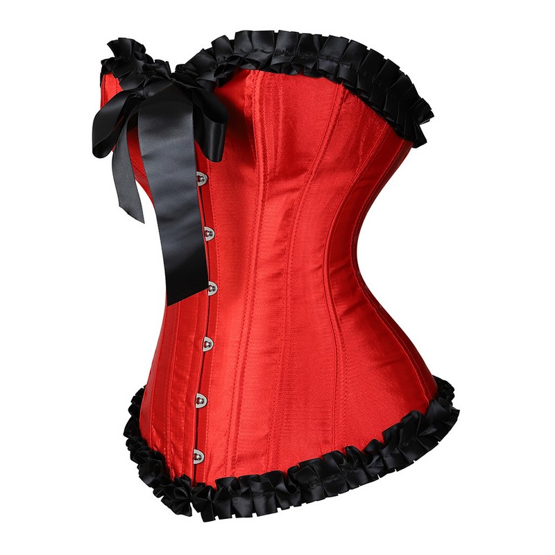 Women Ruffle Trim Satin Overbust Corset with Self-tie Bow XS-3XL Fashion Showgirl Clubwear Shaper Multi-colors Christmas Outfit