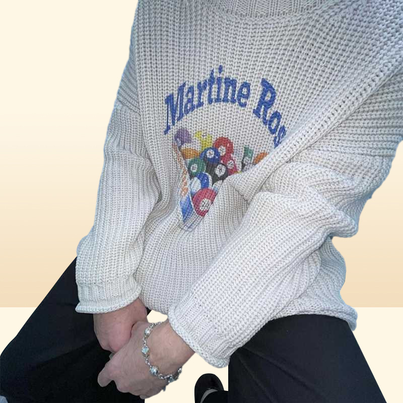 Men039s Sweaters Off shoulder Martine rose thick needle crimped knit Pullover OS style billiard printed sweater