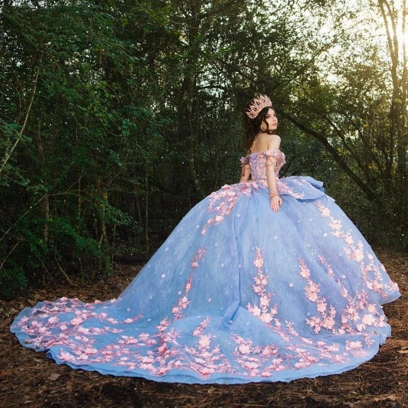Sky Dresses Quinceanera Blue Off Shoulder Long Sleeves Pink Lace Applique Crystal Beads Wers Tiered Sweet Dress Vestidos De Prom Party Gowns
