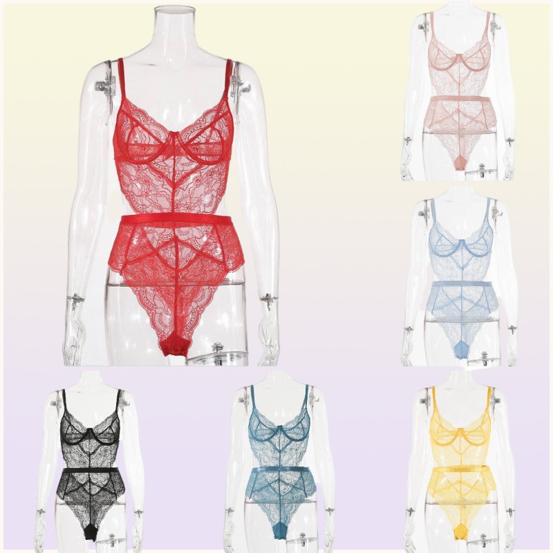 Women Porn Mesh Lingerie Slim Waist Sleepwear Bodysuit Transparent Patchwork Lace Bodysuits Sexy Mujer Babydolls DeepV Jumpsuit F82631144