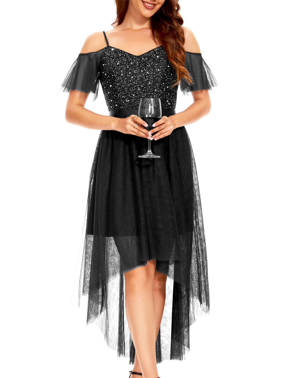 Long Prom Dresses Princess Hi-Lo Sequins Spaghetti Strap Off-the-Shoulder Sweetheart Tulle A-Line Plus Size Formal Occasion Evening Party Gown P06