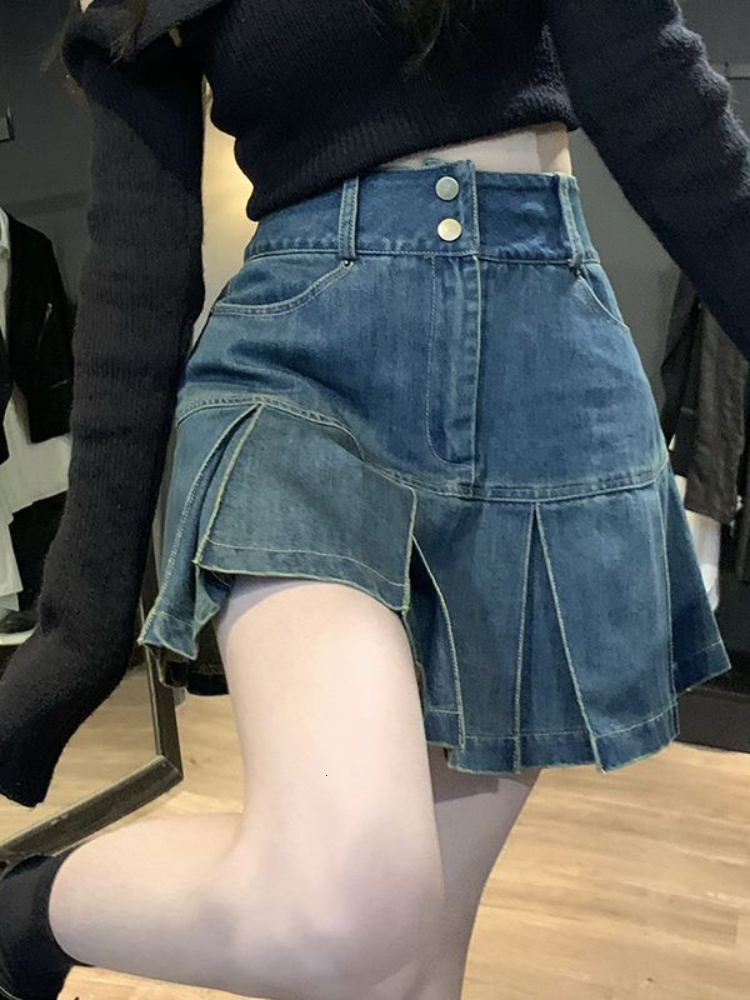 Skirts Fairycore Y2k Aesthetics A-line Patch Work Fold Ski High Waist Ultra Thin Vintage Denim Ski Harajuku Street Fashion Faldas 230408