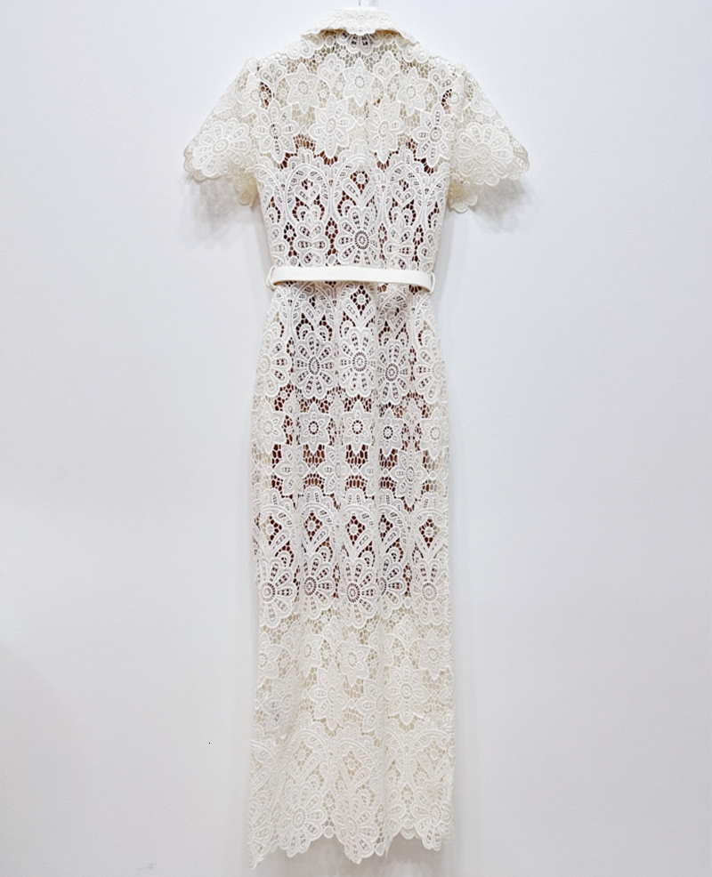 Casual Dresses Flower Hollow Women's Lace Midi Dress Single Chest Metal Button Peter Pan Neck Lace Up Women's Party Dress 230408