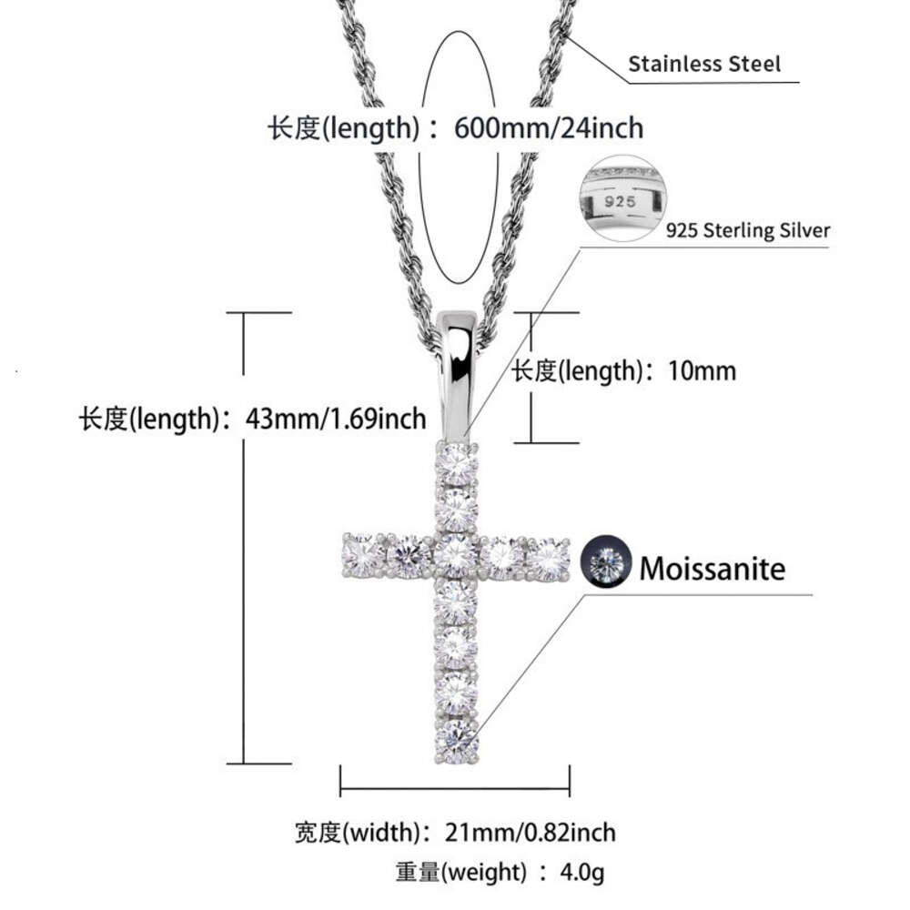 S925 Sterling Silver prong moissanite Cross Pendant Necklace Versatile Neckchain fine quality bling diamond Gemstone Rapper necklaces Wolf Tide Jewelr
